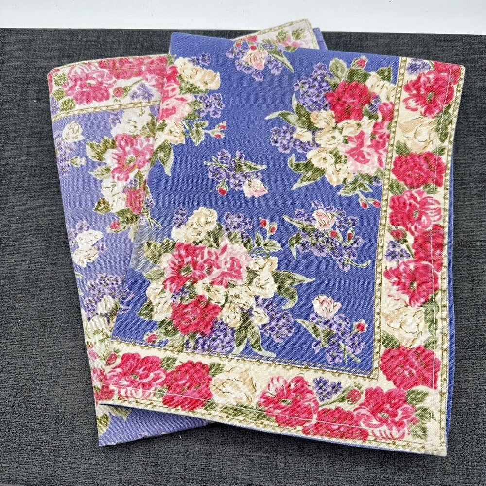 Vtg Cottage Rose Floral Placemats Set of 2 Cottage Core Blue Fabric 18×14.5